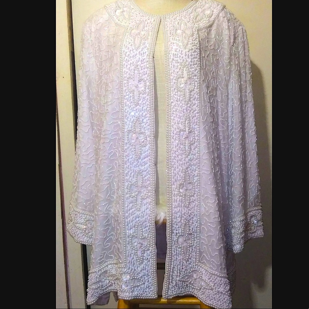 Vintage 80’s white beaded 100% silk formal jacket plus size 4x